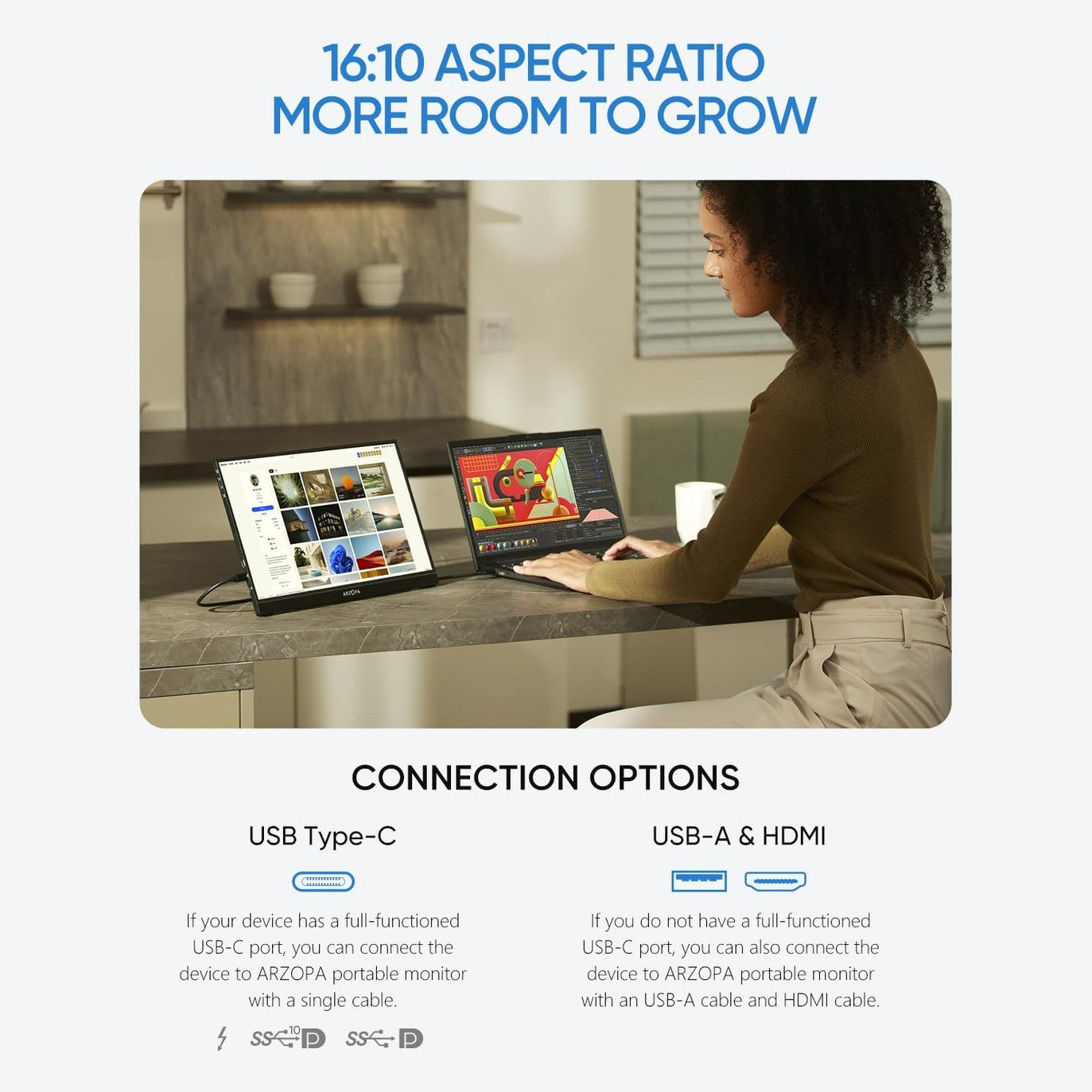 ARZOPA 2.5K Portable Monitor 16" 2560x1600 HDR Kickstand Display, 500nits 8bit QHD USB-C HDMI Laptop Monitor, 16:10 IPS Eye Care External Second Screen for Mac PC Phone PS4/5 Xbox Switch - Z1RC