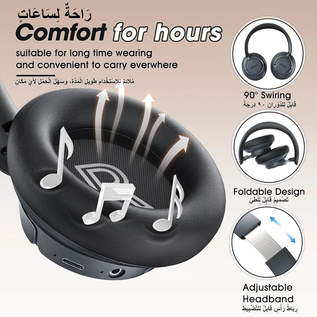 BERIBES Active Noise Cancelling Headphones, Headphones Wireless over ear with Microphone, 70H Playtime, Foldable Bluetooth Headphones with HiFi Audio, Deep Bass for Office, Travel, Gym