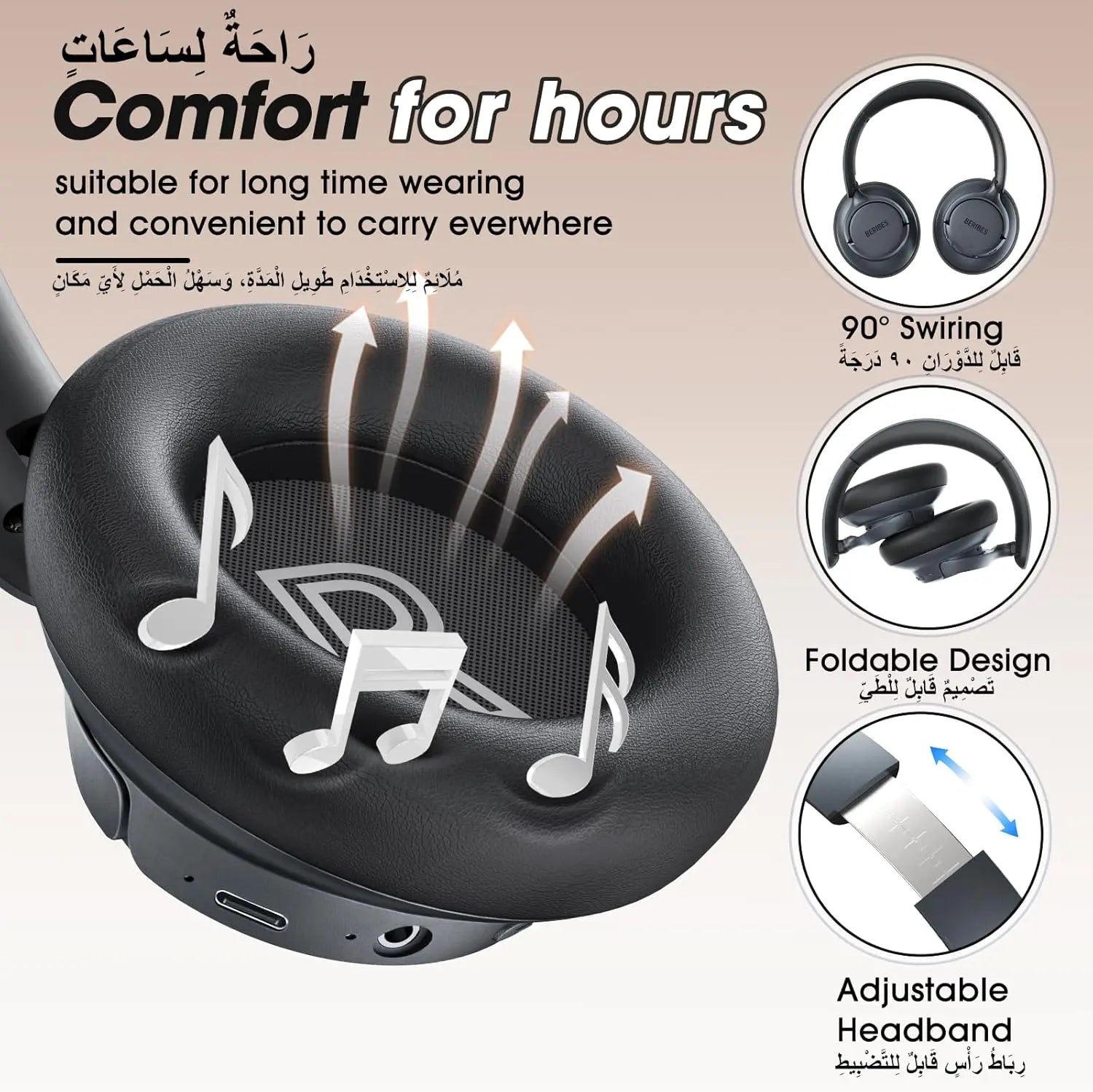 BERIBES Active Noise Cancelling Headphones, Headphones Wireless over ear with Microphone, 70H Playtime, Foldable Bluetooth Headphones with HiFi Audio, Deep Bass for Office, Travel, Gym