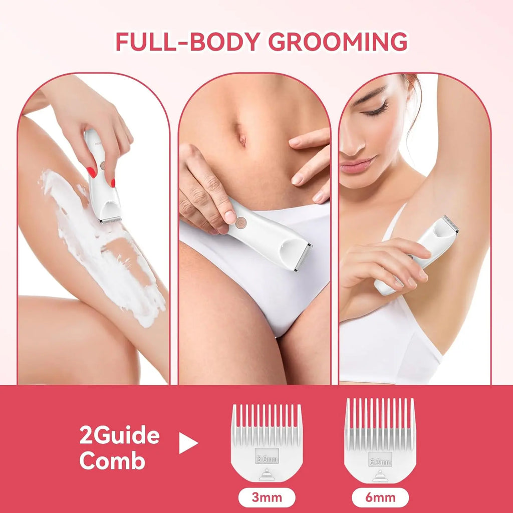 Full-body grooming kit with white trimmer and guide combs for legs, underarms, and bikini line