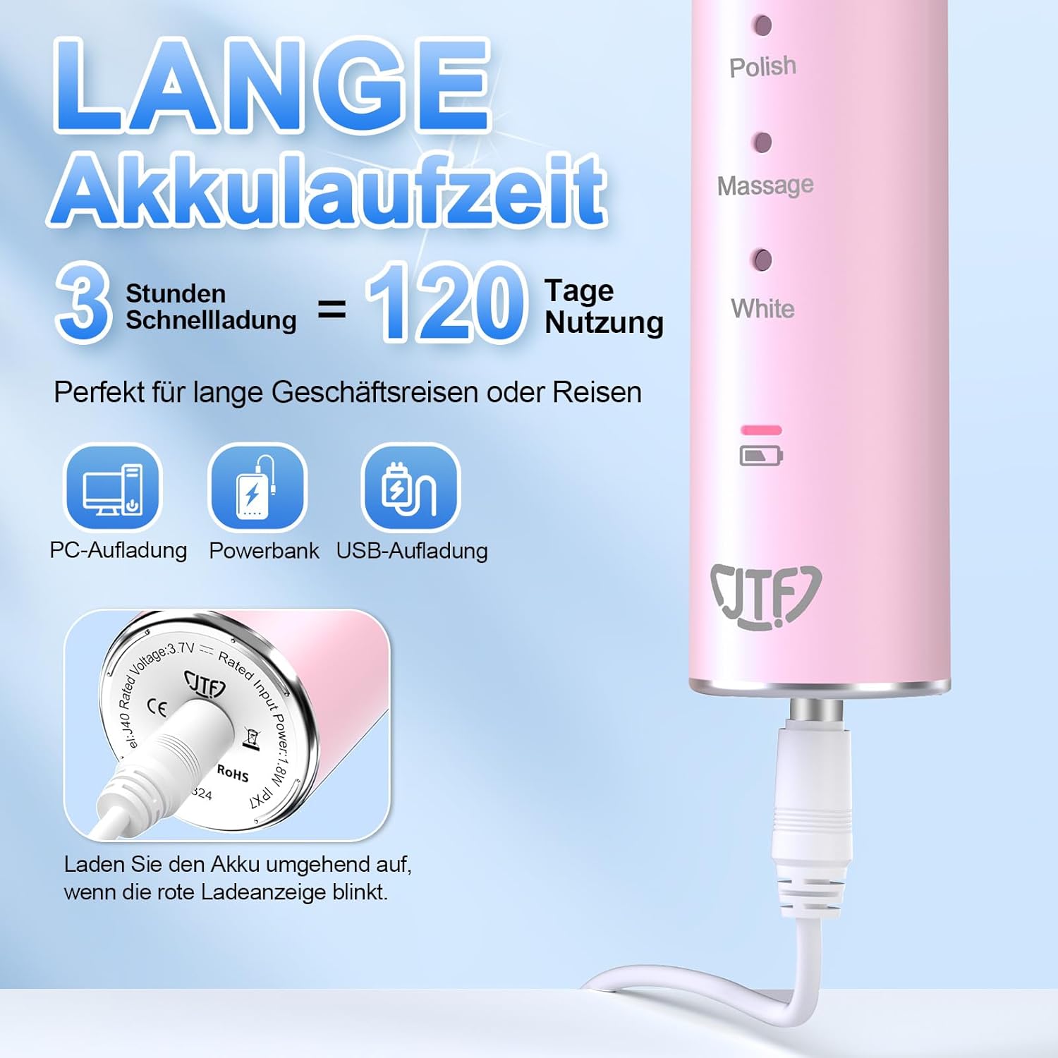 JTF Electric Toothbrush, Sonic Toothbrush with 8 Brush Heads, 5 Modes & Smart Memory, 2 Minute Timer, IPX7 Waterproof, Rechargeability, Quick Charge 3H, Adults (Pink)