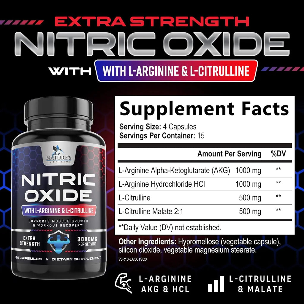 Nitric Oxide supplement bottle next to detailed Supplement Facts panel for 60 capsules