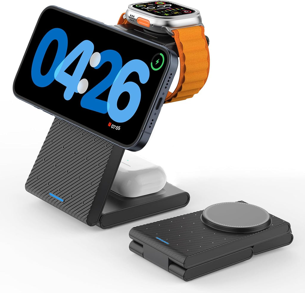 3 in 1 Wireless Charging Station, Foldable Magnetic Charger Stand for Multiple Devices, Wireless Charger for iPhone 16/15/14/13/12, Apple Watch 9/8/7/6/SE/5/4/3/2, AirPods 4/3/2/Pro