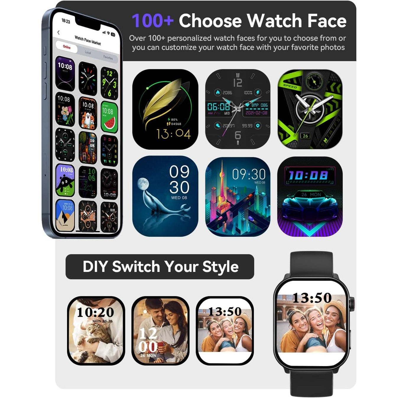 Smart Watch (Answer/Make Call), 2.1" Curved AMOLED Screen Smartwatch for Men Women, 100+ Sport Modes Fitness Tracker, Heart Rate Sleep SpO2 Monitor, IP68 Activity Trackers, Android and iOS Compatible