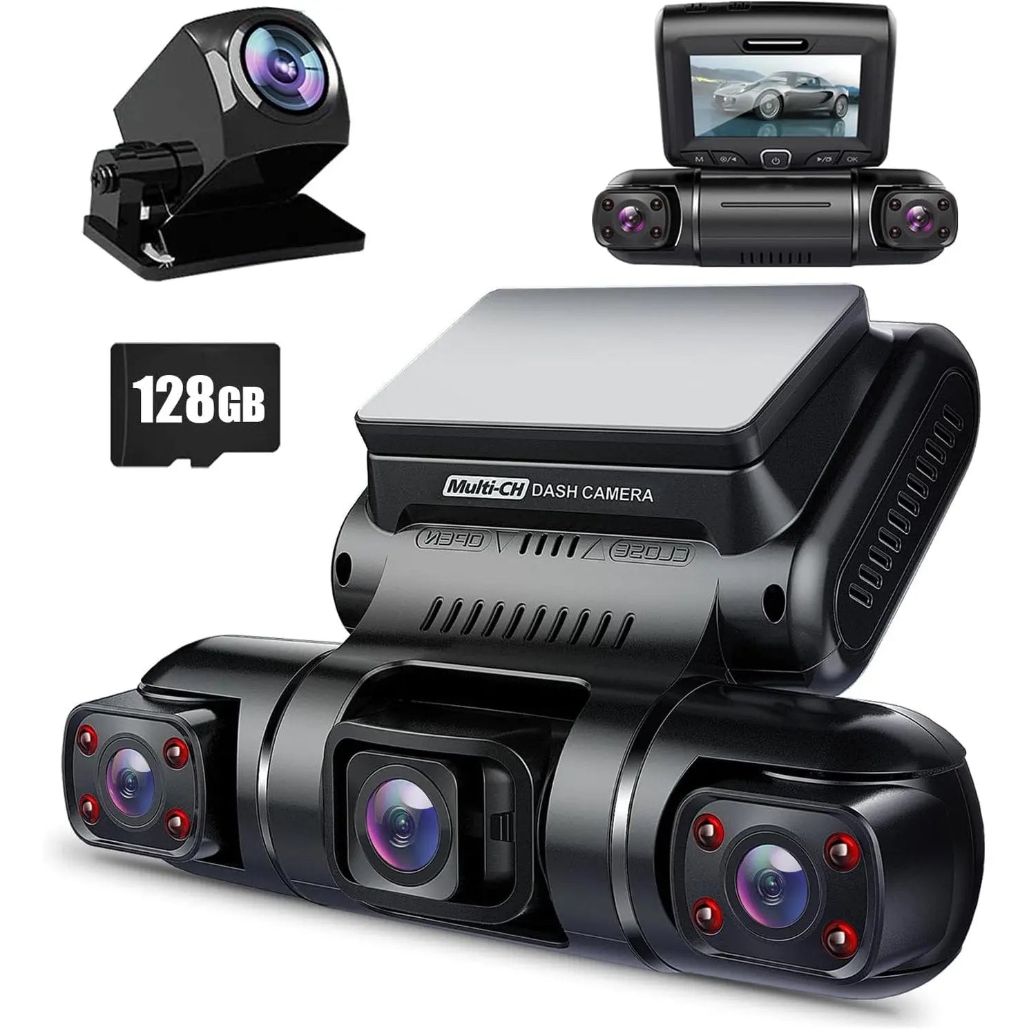 PRUVEEO Dash Cam, 4 Channel Camera FHD 1080Px4, Front, Left, Right and Rear, Front and Rear Inside, Built in GPS WiFi, 256 GB Max, Free 128GB Card, D90-4CH