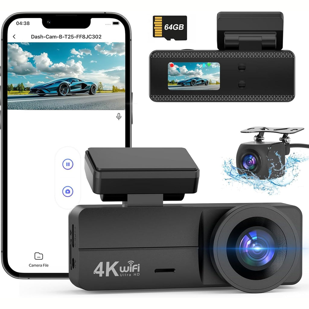 DYNACAM Dash Cam Front and Rear 4K+1080P, Dash Cam Inserted 64GB SD Card, Built-in WiFi Dash Camera for Cars, Super Night Vision Dashcam, 24H Parking Mode, G-Sensor, Loop Recording Car Camera