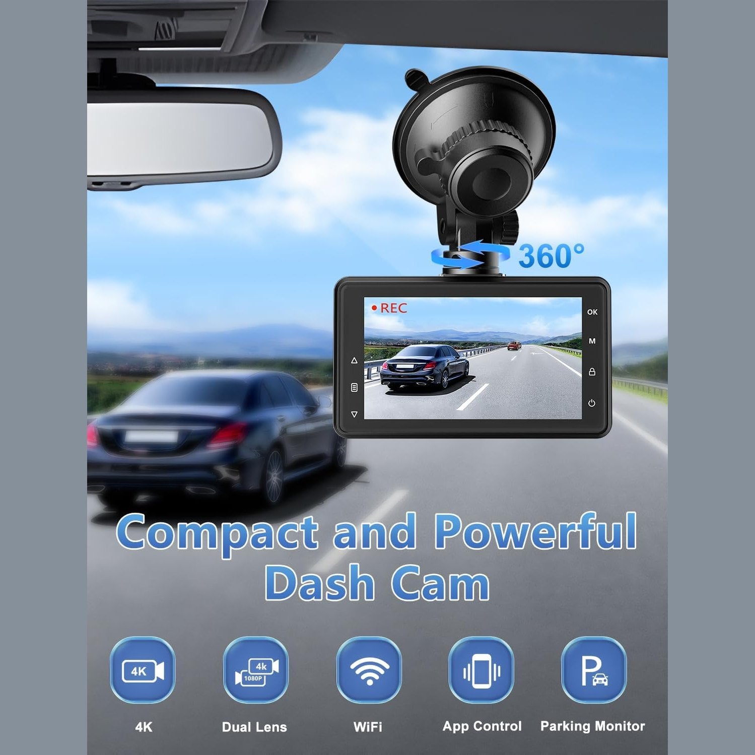 Dash Cam Front and Rear Camera, CHORTAU 3Inch Screen WiFi Dash cam, 2.5K+1080P Dash Camera for Cars, Dashboard Camera with Free 64GB Card, Type-C Port, Parking Monitor, Super Night Vision