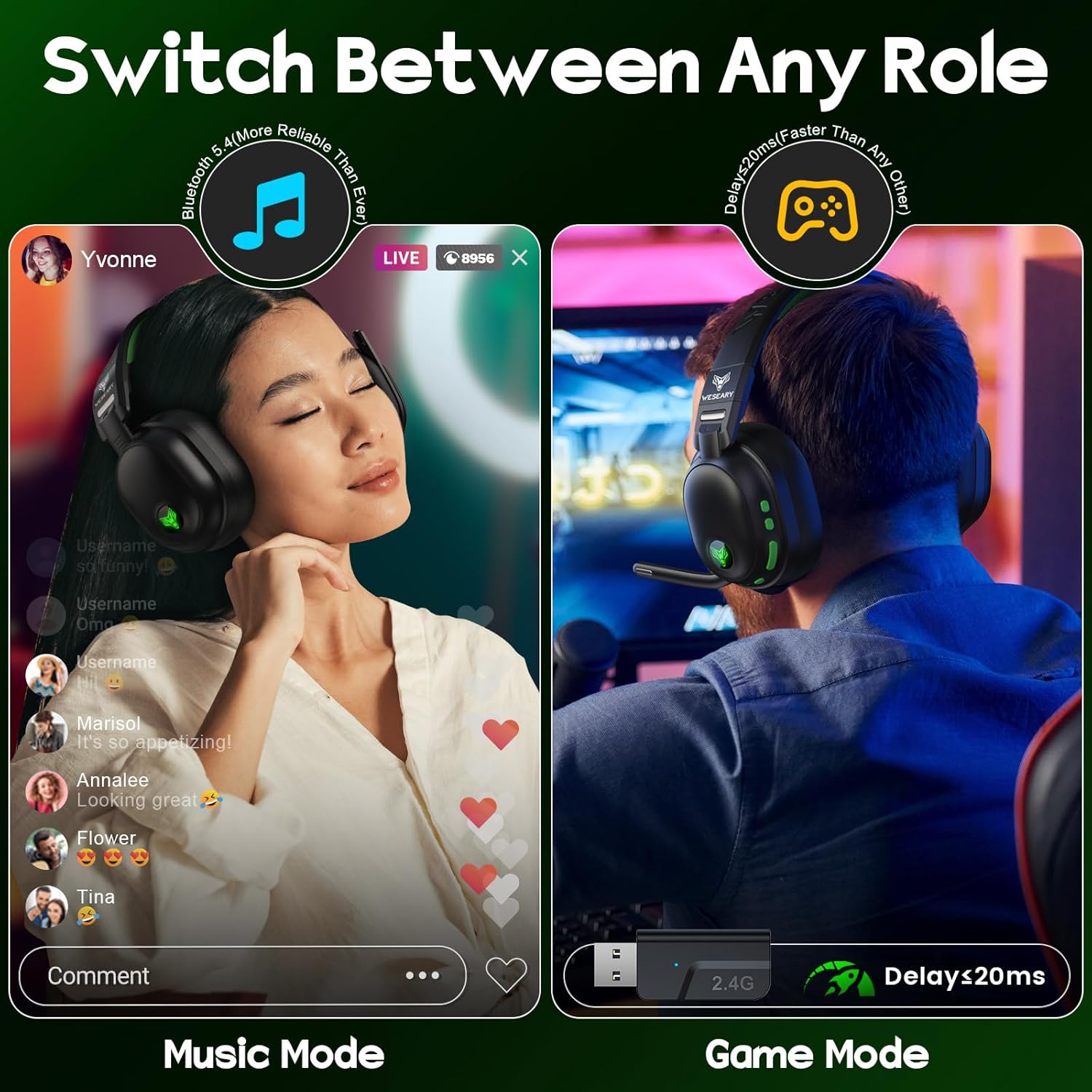 WESEARY WG3 Bluetooth Headphones, 2.4G Wireless Gaming Headset with Microphone for PS5, PS4, PC, Switch, Mac, Foldable Surround Sound Noise Cancelling with RGB Light, Over 50 Hours Battery Life