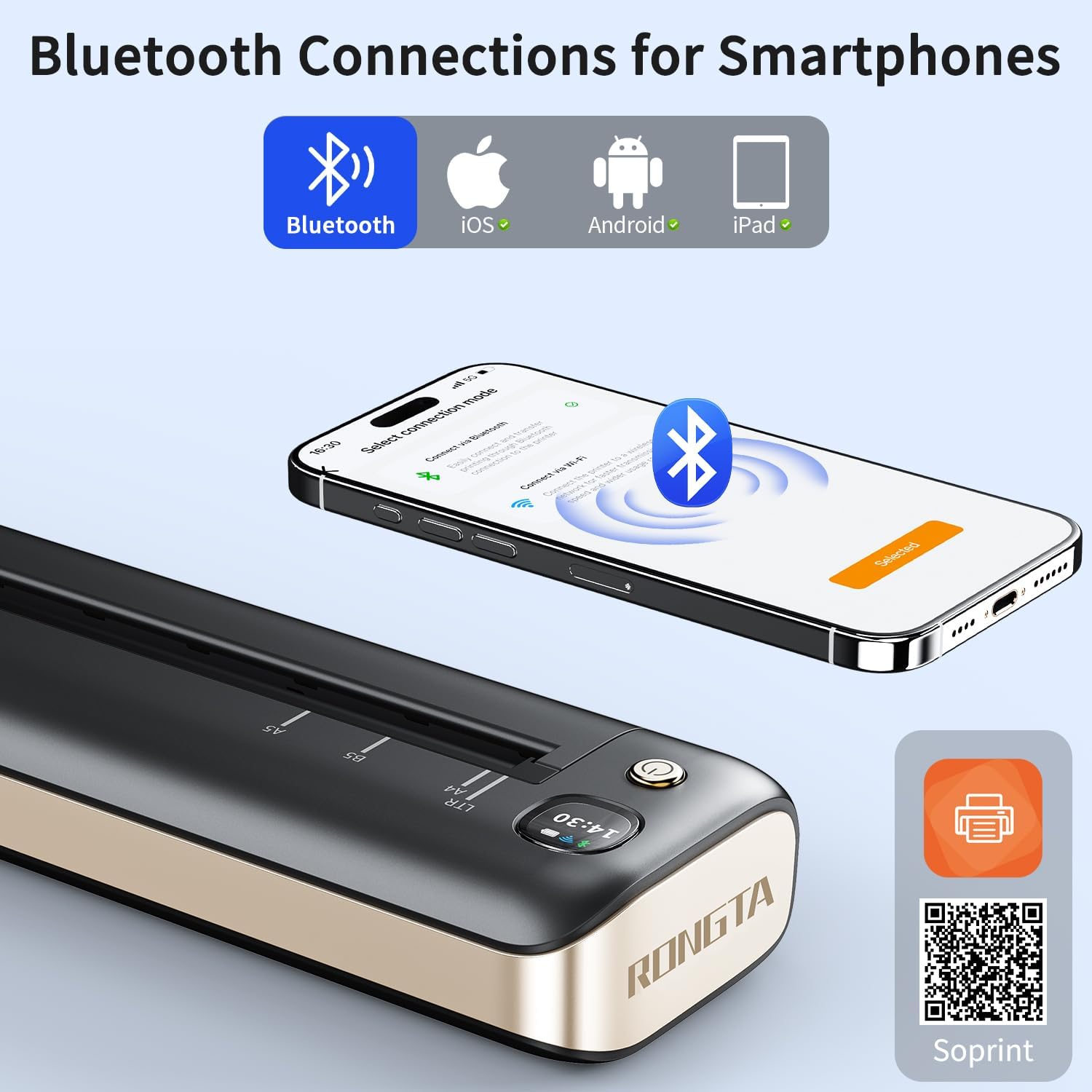 Rongta Portable Printer Wireless for Travel, Inkless Thermal Printer, Compatible with Android,iOS & Laptop, Small Bluetooth Mobile Printer for School/Office/Home Use