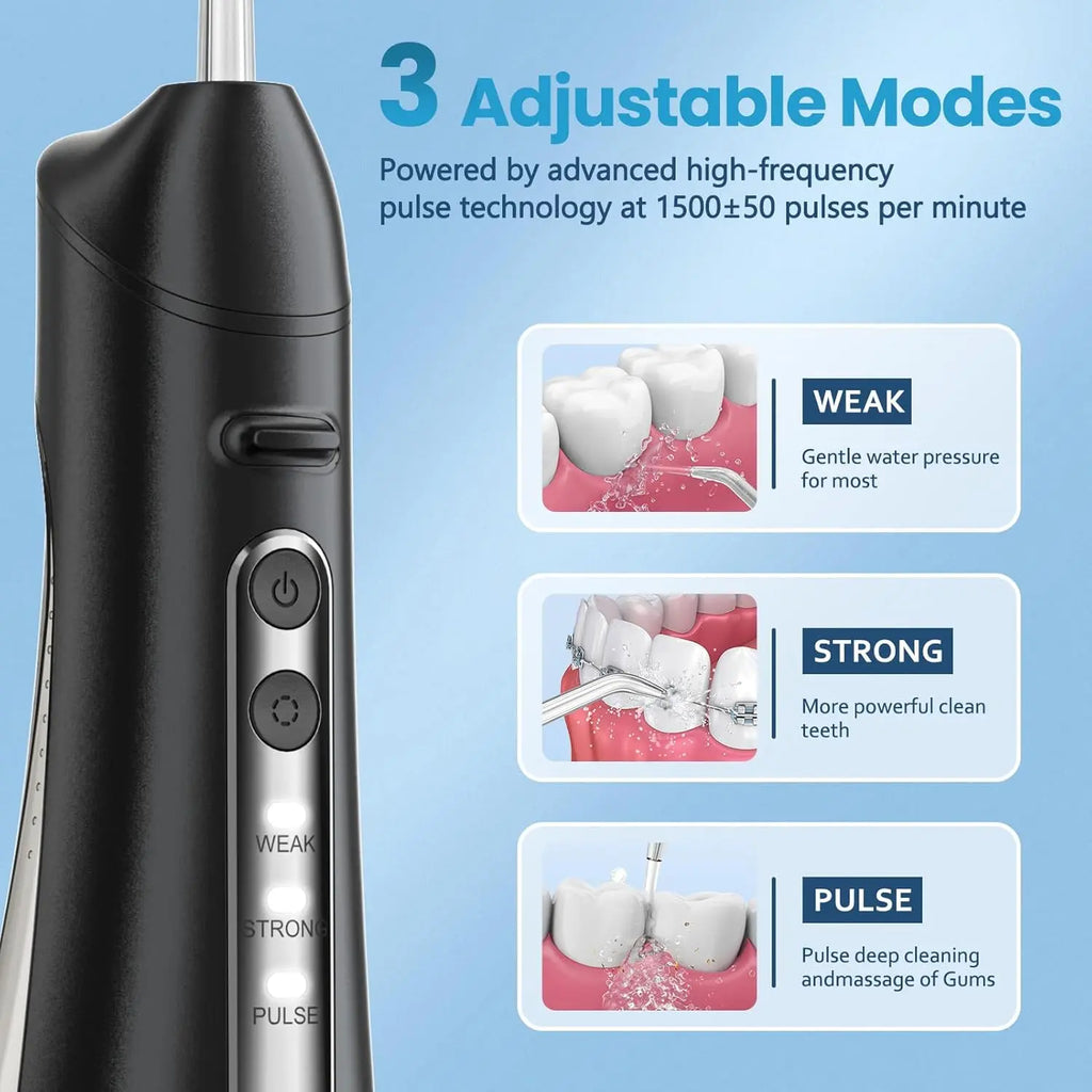 Black cordless water flosser with 3 adjustable modes for gentle, strong, and pulse cleaning