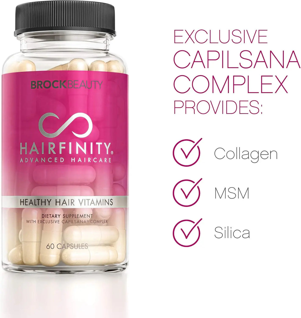 Hairfinity healthy hair vitamins bottle showing Capilsana complex collagen MSM silica ingredients