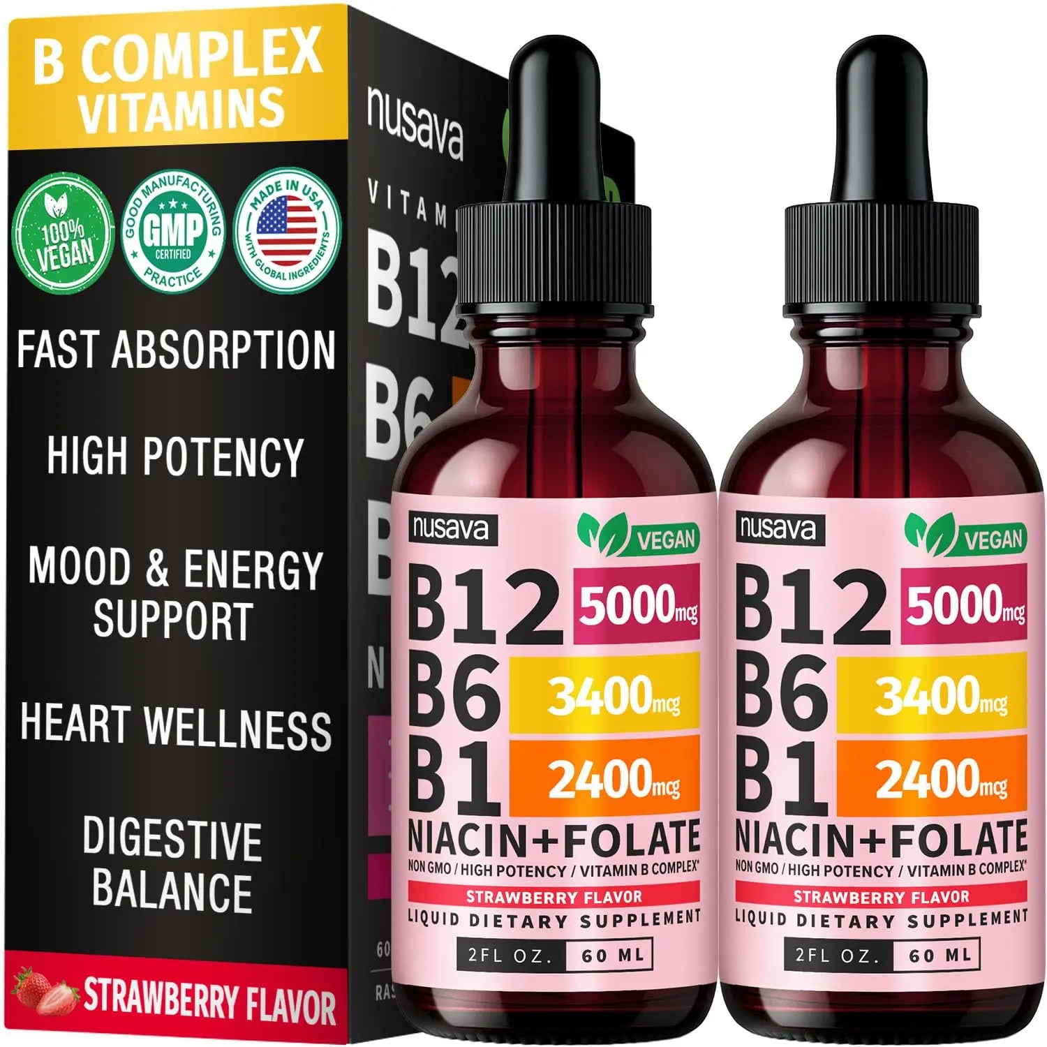 (2 Pack) Vitamin B12 and B6 Liquid Drops, B12 Sublingual Vitamin B Complex - B 12 Vitamin 5000mcg - B12 Methylcobalamin for Energy, Brain, Heart Support with 27,200 mcg, Crimson Orange, 80 Servings