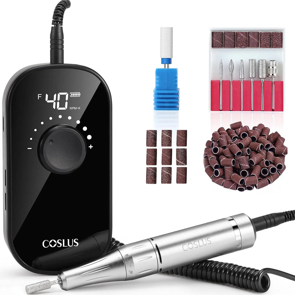 COSLUS Professional Electric Nail Drill：35000RPM, Portable Rechargeable Electric File with Bits & Base for Acrylic Nails Manicure Gel Polishing(Black)