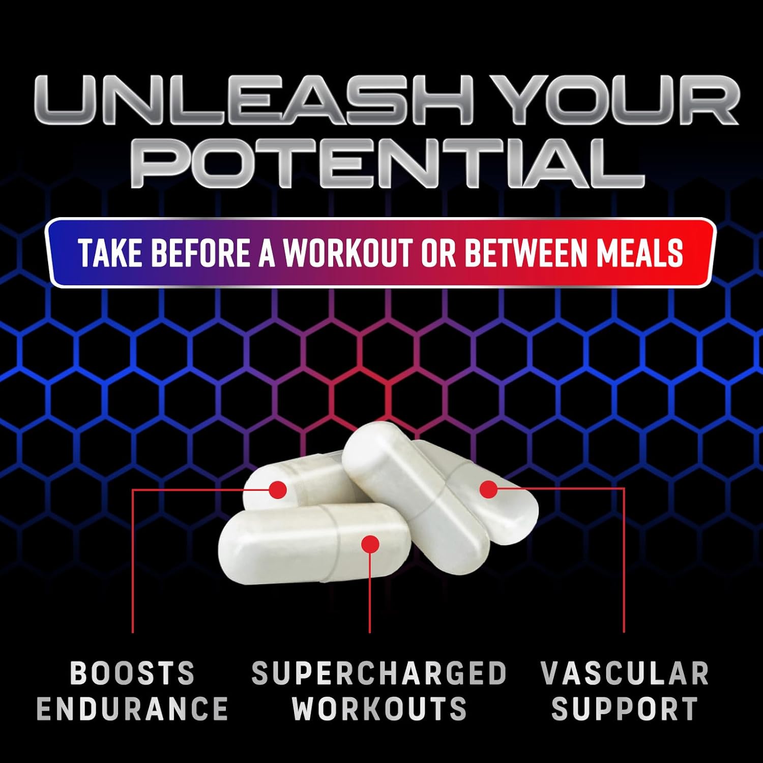 Four white capsules promoting vascular support and boosted endurance before workouts