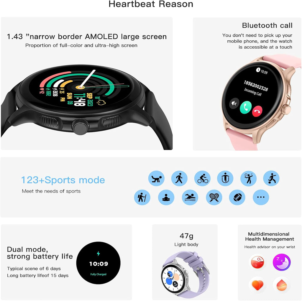 PEJE Smart Watch, 1.43"AMOLED Display, Watches For Men,Smart Watches For Men,Smartwatch With Muslim Reminders, Ip68 Waterproof With 120+ Sport Modes, Compatible with iOS & Android. (Silver)