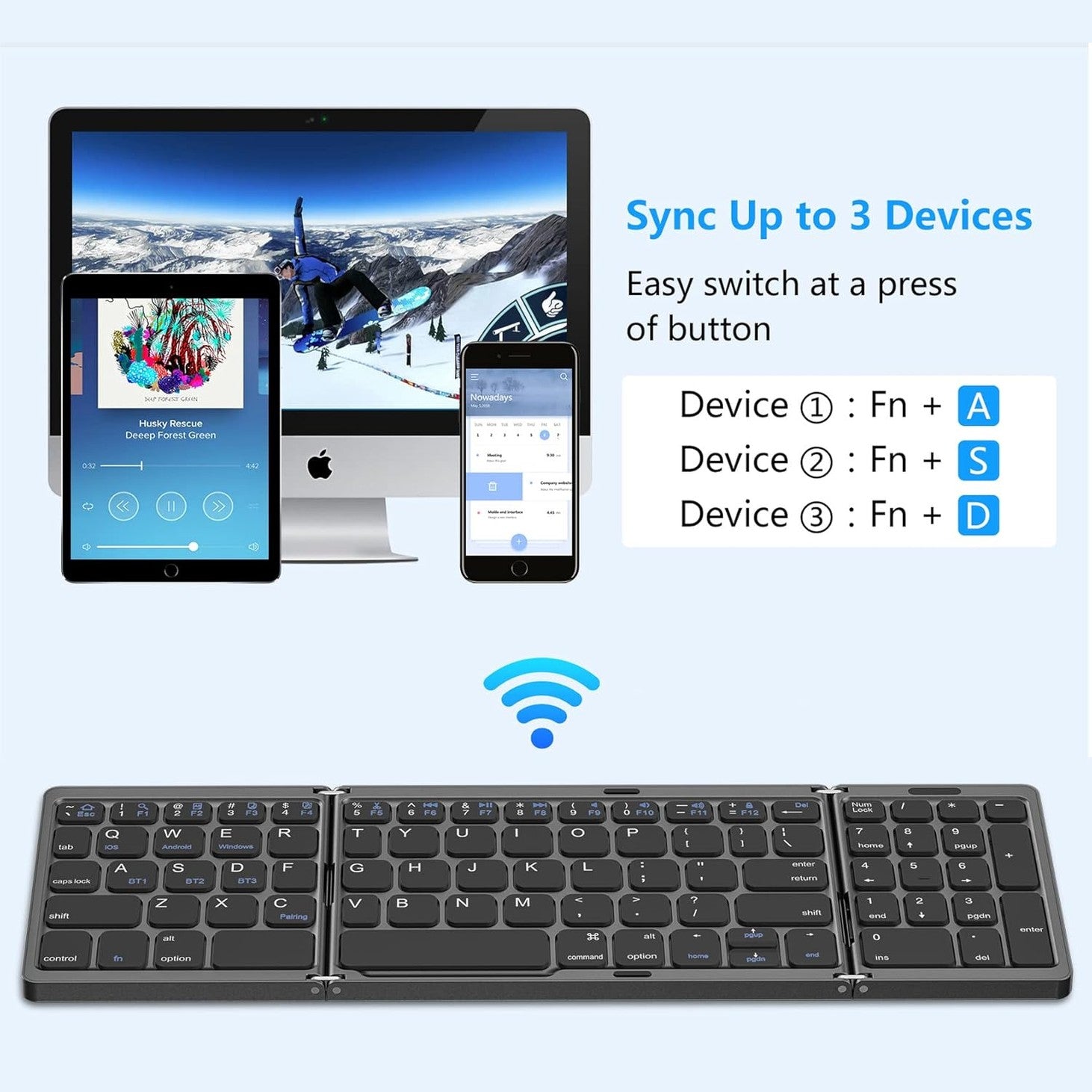 Erkovia Foldable Bluetooth Keyboard, Foldable Wireless Portable Keyboard with Numeric Keypad, USB-C Rechargeable for iOS, Android, Windows System Laptop Tablet Smartphone Device (Not Full Size)