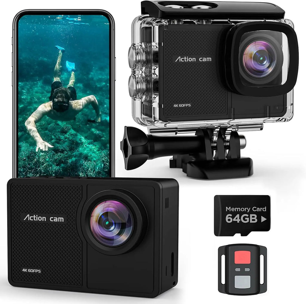 TIMNUT 4K action camera kit with waterproof case, 64GB SD card, and remote control