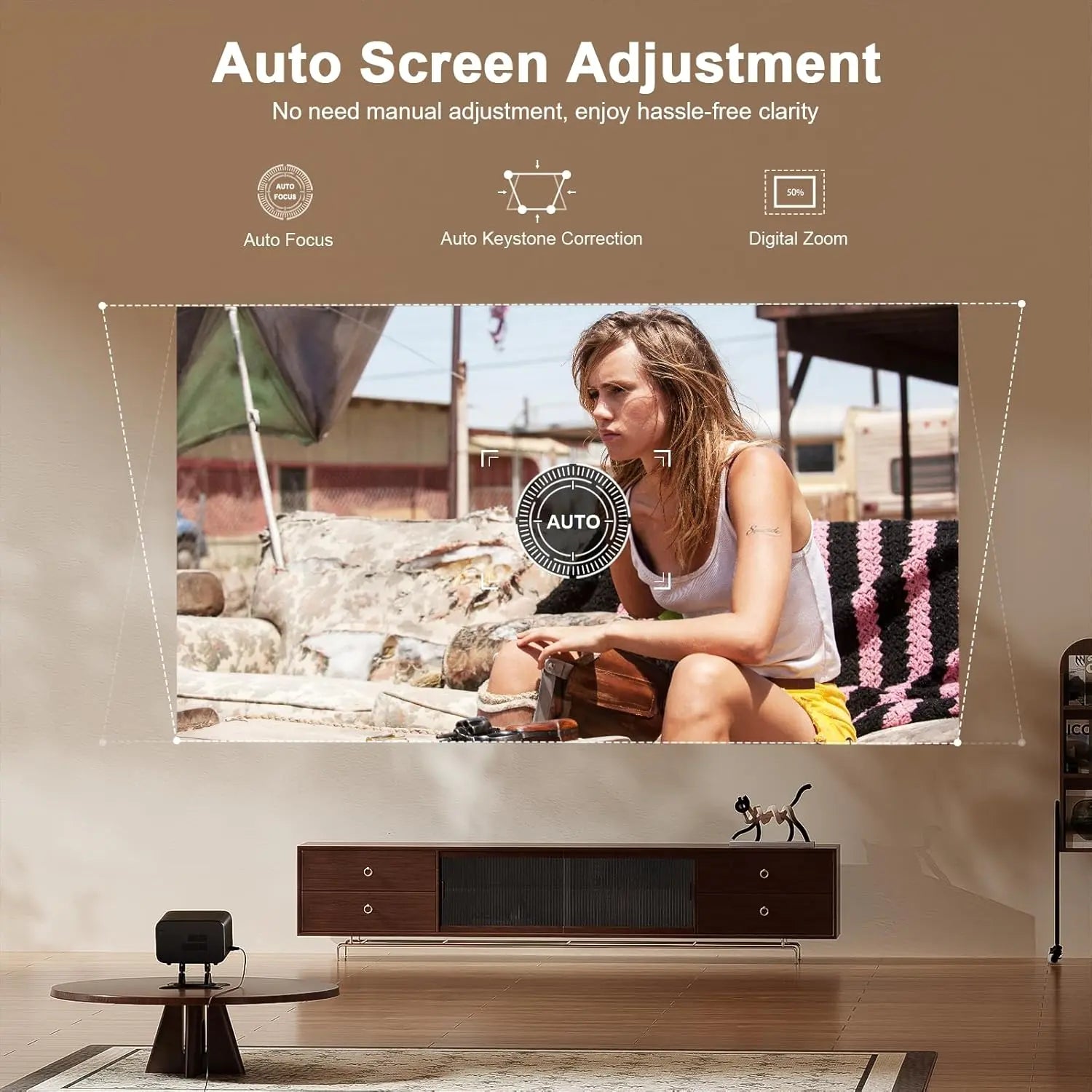XuanPad projector with auto keystone correction and focus adjustment for outdoor viewing
