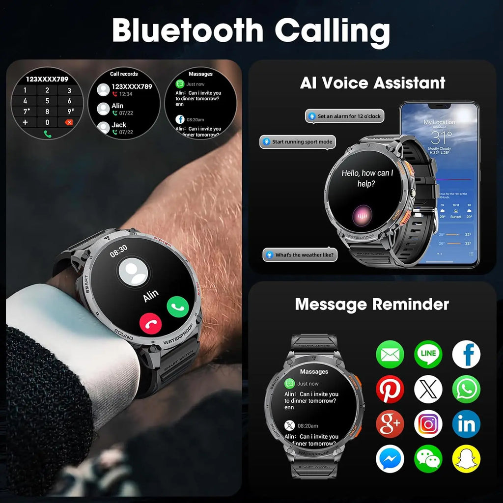 mingwear Military Smart Watch for Men 1.85" HD Touch Screen 730mAh Battery Smart Watches with LED Flashlight for Android iOS （Bluetooth Call Answer/Dial Calls） Fitness Tracker