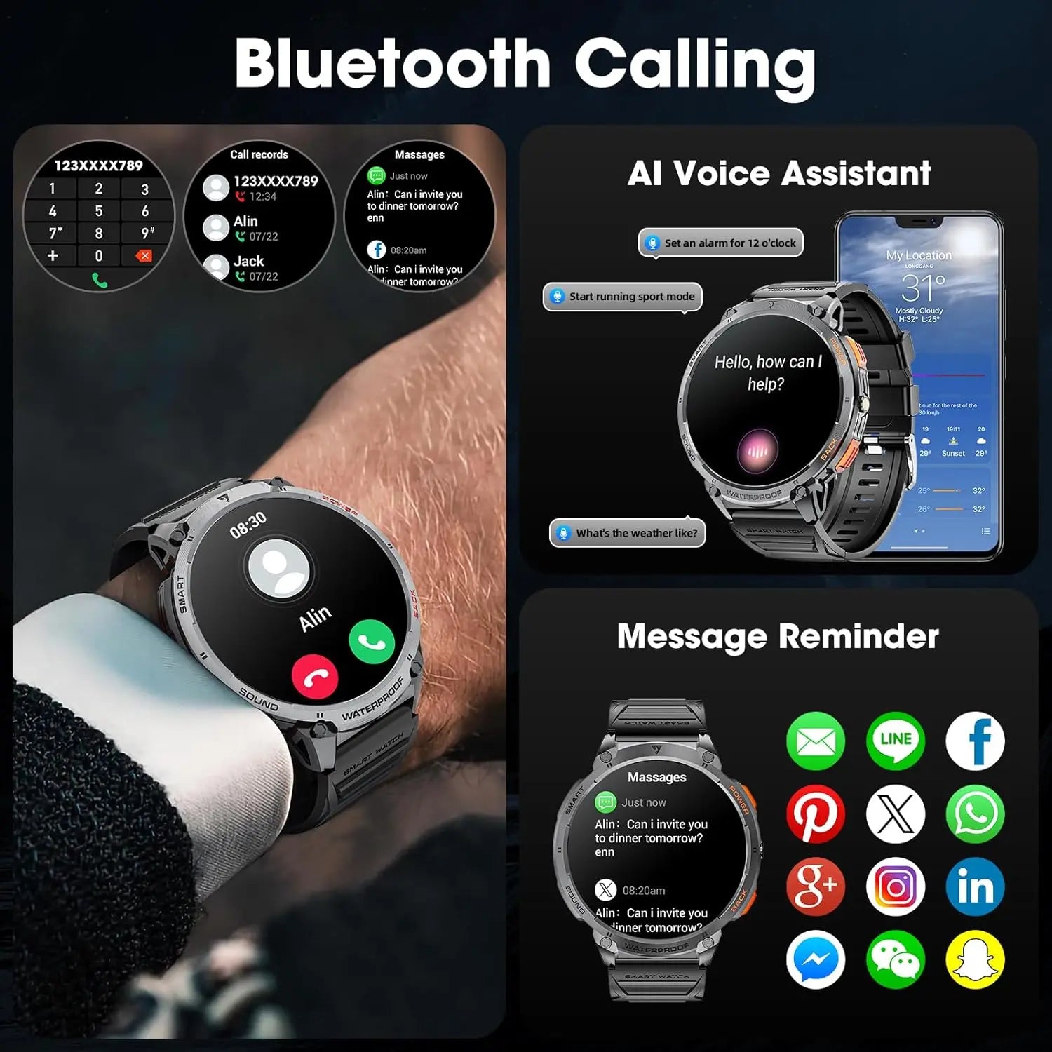 mingwear Military Smart Watch for Men 1.85" HD Touch Screen 730mAh Battery Smart Watches with LED Flashlight for Android iOS （Bluetooth Call Answer/Dial Calls） Fitness Tracker