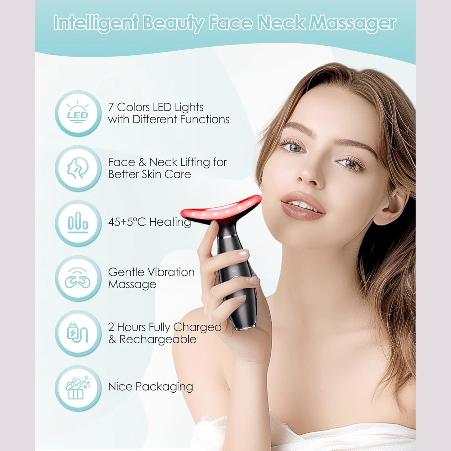 ELISHINE 7 Color Neck Face Massager - Facial Massager Tool for Skin Care at Home, Vibrating Face Massager with Thermals, Black