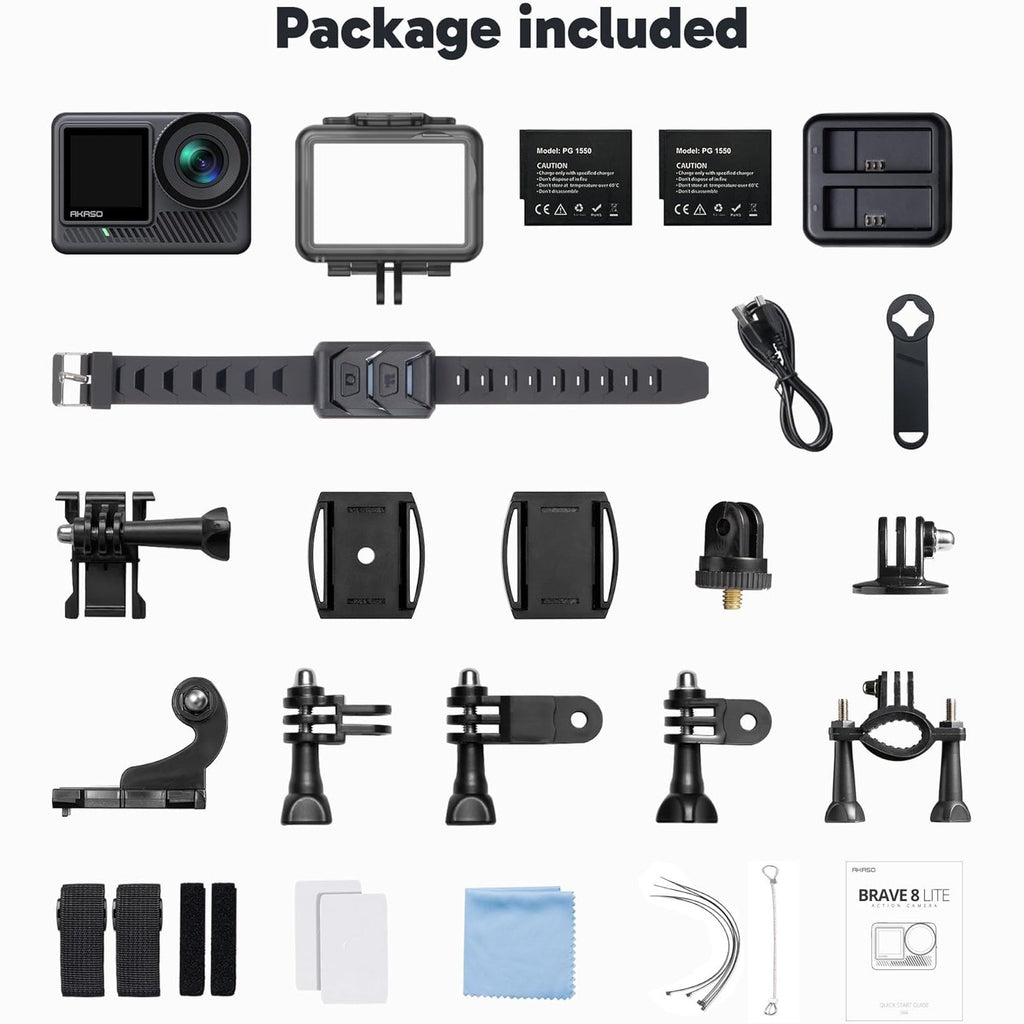 AKASO Brave 8 Lite Waterproof Action Camera - 4K60 Ultra HD Video, 20MP Photos, HDR, Dual Screen, SuperSmooth Stabilization, 8X Slow Motion, 4X ZOOM, Super Wide Angle, and Accessory Kits