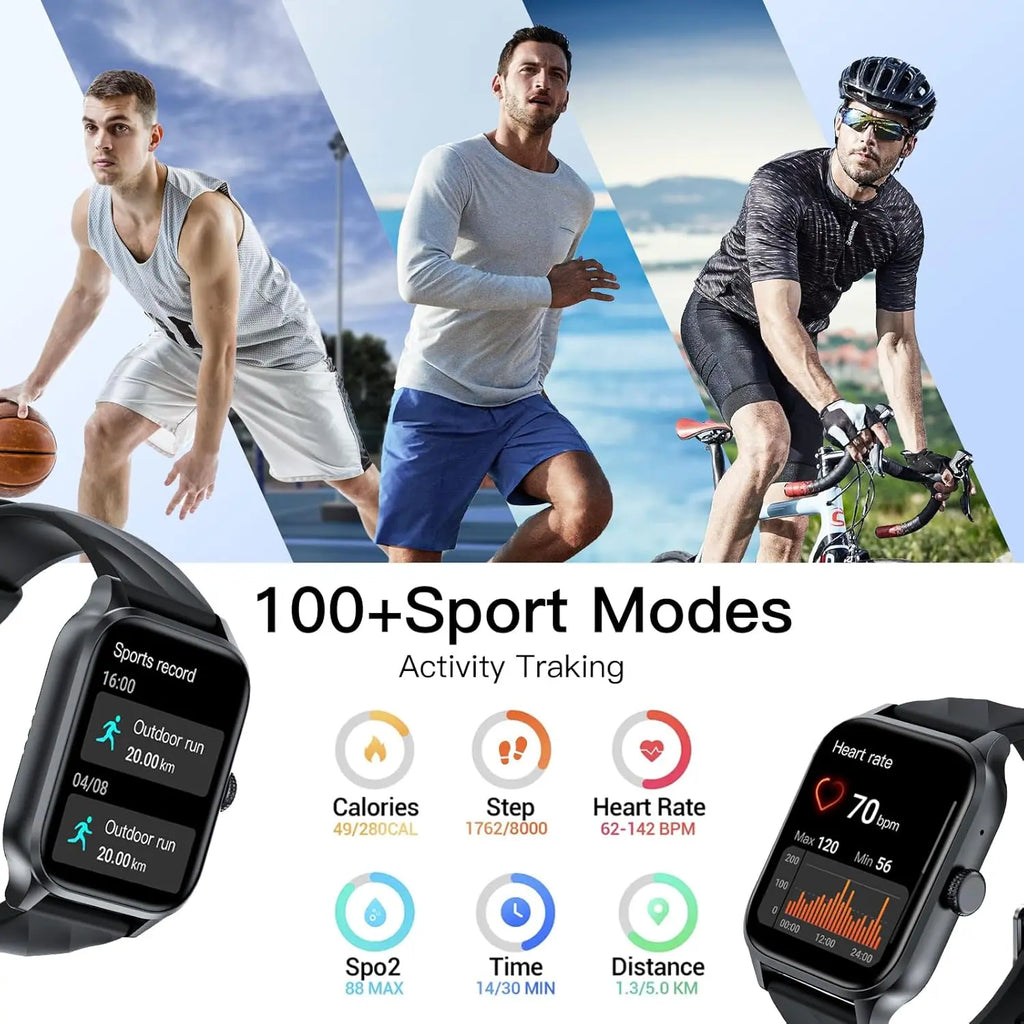 Black fitness tracker for men and women showing 100+ sport modes