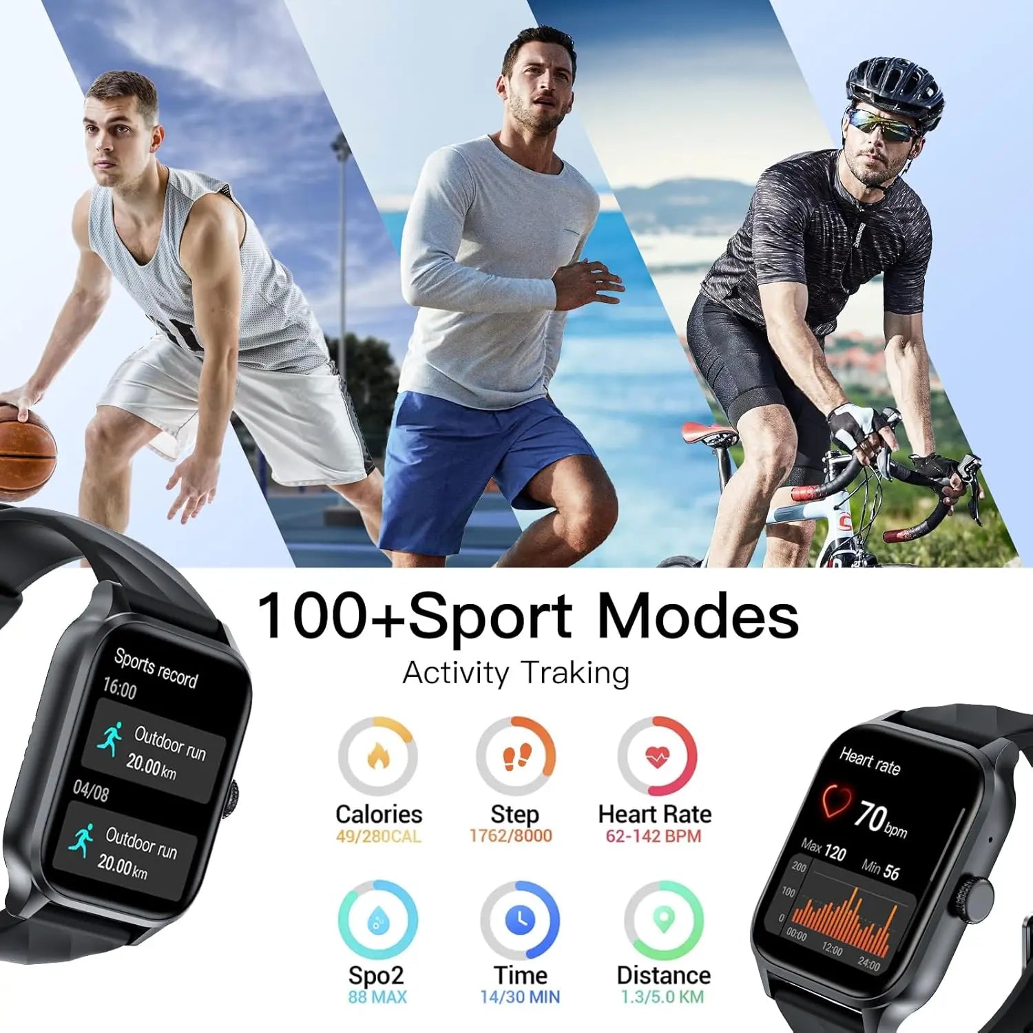 Black fitness tracker for men and women showing 100+ sport modes