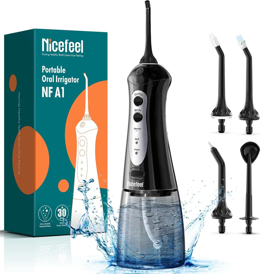 Black Nicefeel portable oral irrigator with packaging and four detachable nozzles