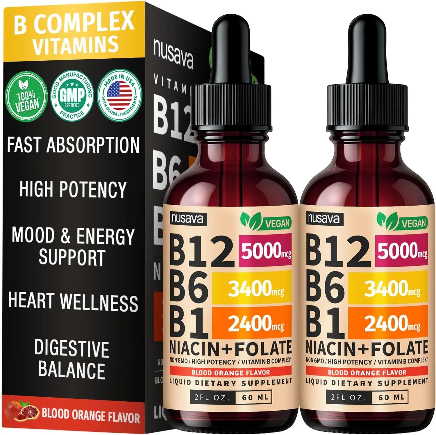 (2 Pack) Vitamin B12 and B6 Liquid Drops, B12 Sublingual Vitamin B Complex - B 12 Vitamin 5000mcg - B12 Methylcobalamin for Energy, Brain, Heart Support with 27,200 mcg, Crimson Orange, 80 Servings