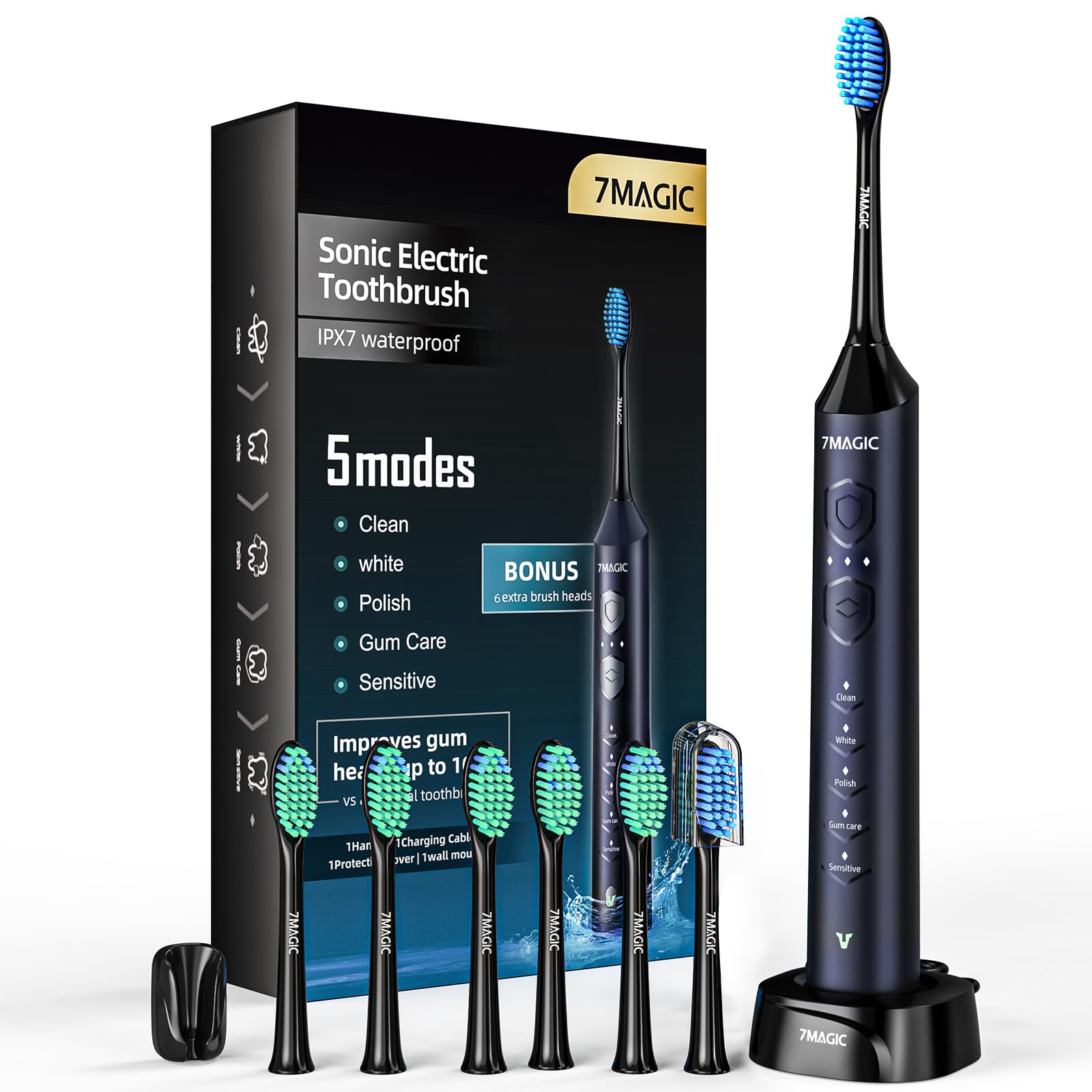 7MAGIC Electric Toothbrush, Sonic, 6 Modes, 3 Intensity, 40000VPM, IPX7, 90 Day Battery, Timer, Blue