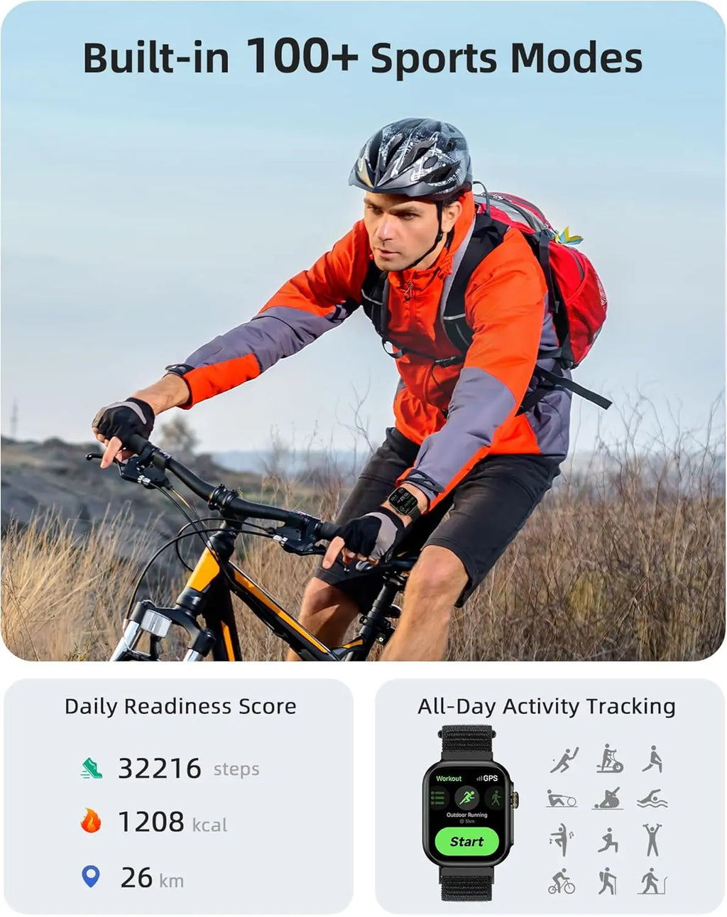 Parsonver black smartwatch with 100+ sports modes on cyclist wrist