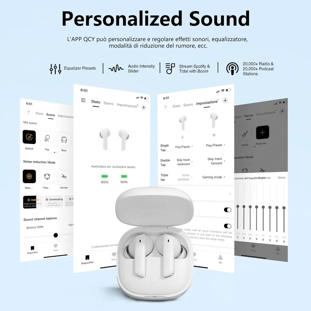 QCY Bluetooth Headphones, HT05 Noise Cancelling Headphones, Wireless, Hybrid Active Noise Cancelling In-Ear Earphones, 6 Microphones, 36H Battery, Transparent Mode, White