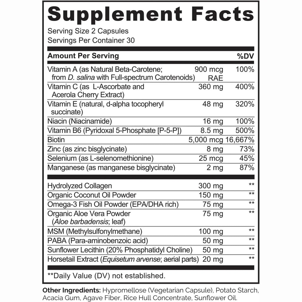 NATURELO Hair, Skin and Nails Vitamins - 5000 mcg Biotin, Collagen, Natural Vitamin E - Supplement for Healthy Skin, Hair Growth for Women and Men – 60 Capsules