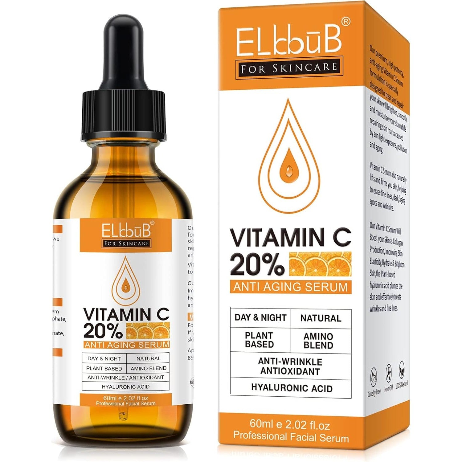 ELBBUB Premium 20% Vitamin C Serum For Face, with Hyaluronic Acid, Retinol & Amino Acids - Boost Skin Collagen, Brighten Hydrate & Plump Skin, Anti Aging & Wrinkle Facial Serum