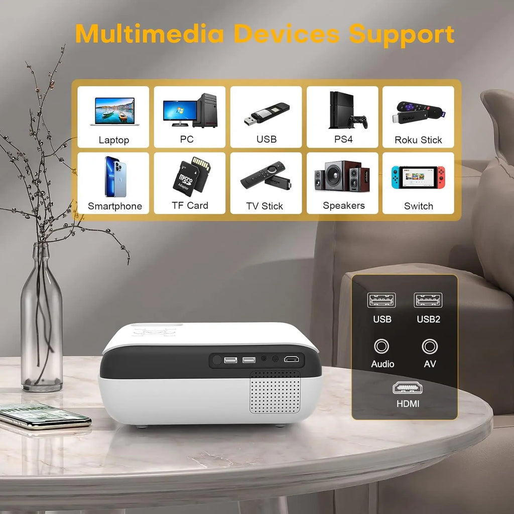HOPVISION Projector, Full HD 1080P Projector, Bluetooth Projector 4K Supported, Portable Mini Projector Home Cinema, Home/Outdoor Projector Compatible with Smartphone/HDMI/USB/AV/Fire Stick/PS5