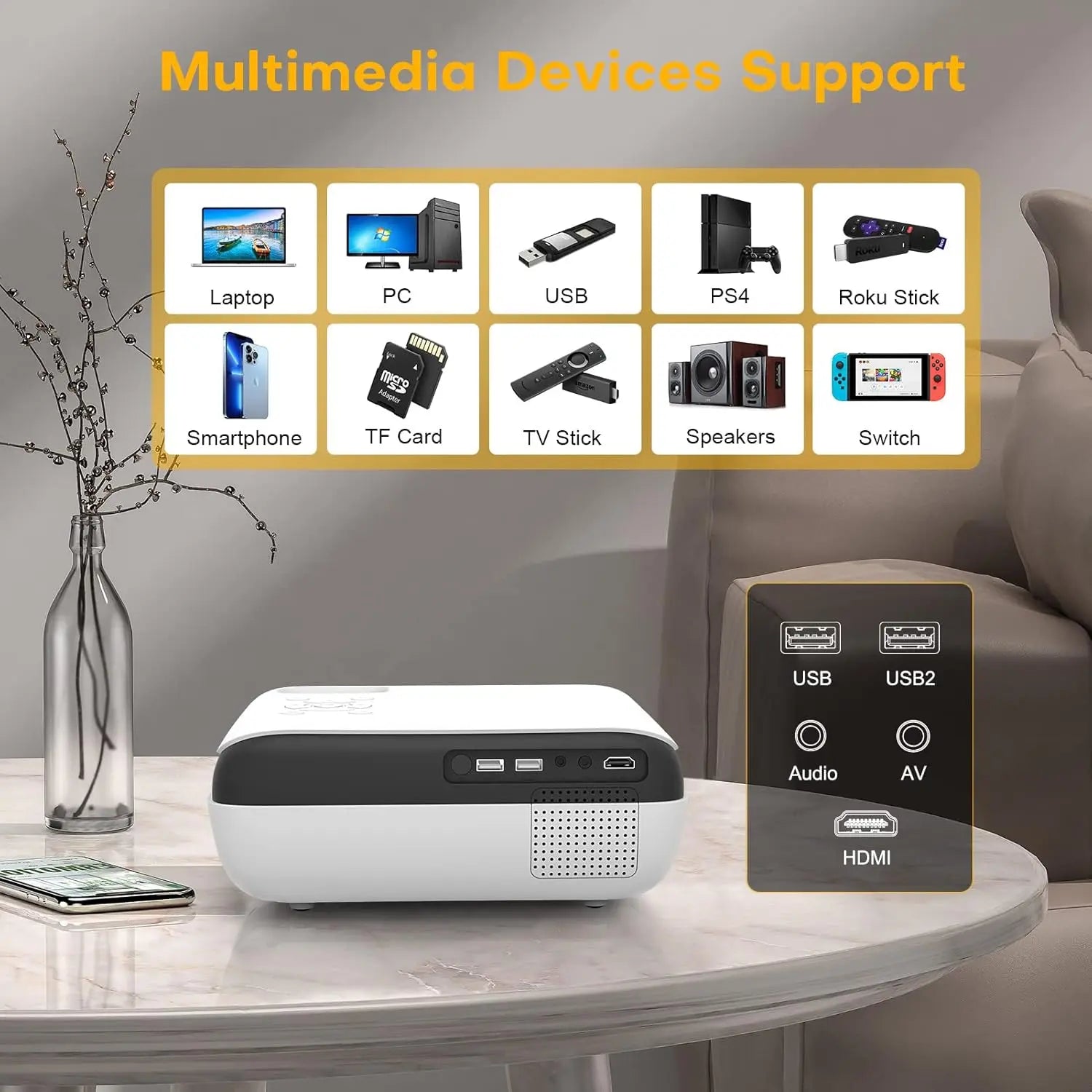 HOPVISION Projector, Full HD 1080P Projector, Bluetooth Projector 4K Supported, Portable Mini Projector Home Cinema, Home/Outdoor Projector Compatible with Smartphone/HDMI/USB/AV/Fire Stick/PS5