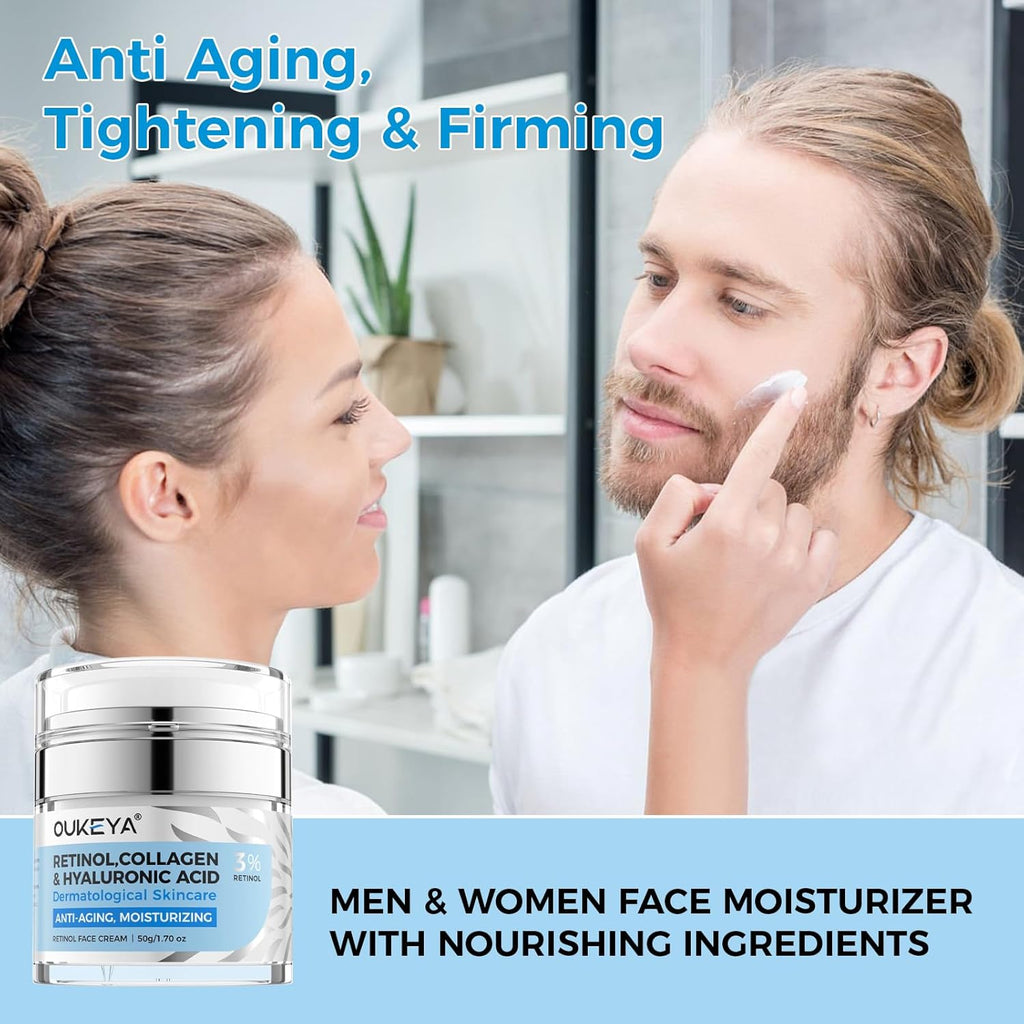 OUKEYA Retinol Cream for Face 3% Retinol Day & Night Cream, 5% Hyaluronic Acid & 5% Niacinamide, Anti Aging Moisturiser For Face & Neck, Hydrating, Firming, Non-Greasy, Fast Absorbing, 50g