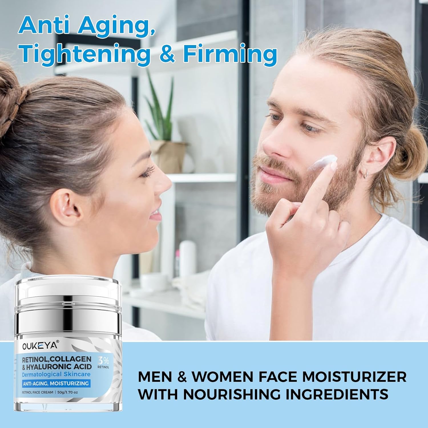 OUKEYA Retinol Cream for Face 3% Retinol Day & Night Cream, 5% Hyaluronic Acid & 5% Niacinamide, Anti Aging Moisturiser For Face & Neck, Hydrating, Firming, Non-Greasy, Fast Absorbing, 50g