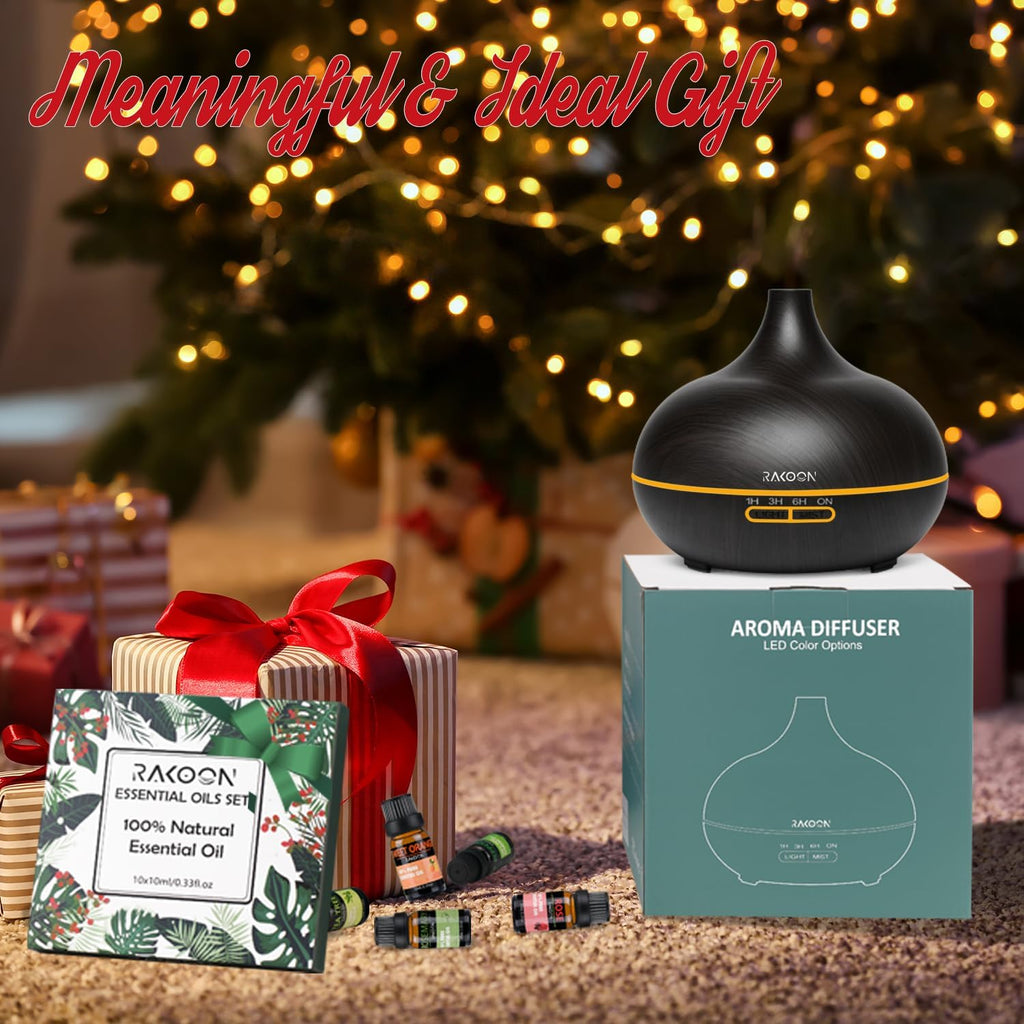 Rakoon Ultimate Essential Oil Diffusers & Essential Oil Set, Aromatherapy Diffuser for Home with Top 10 Essential Oils, 550ml Air Diffuser for Large Room, 4 Timer & 15 Ambient Light