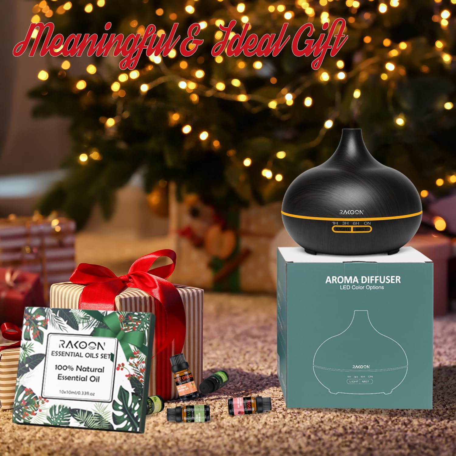 Rakoon Ultimate Essential Oil Diffusers & Essential Oil Set, Aromatherapy Diffuser for Home with Top 10 Essential Oils, 550ml Air Diffuser for Large Room, 4 Timer & 15 Ambient Light