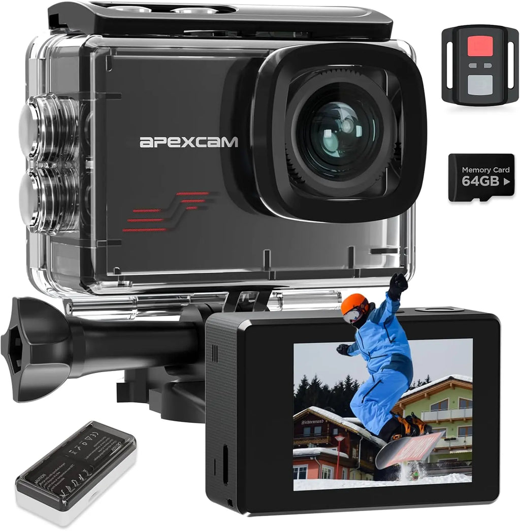 Apexcam M80 action camera bundle with remote control and 64GB microSD card