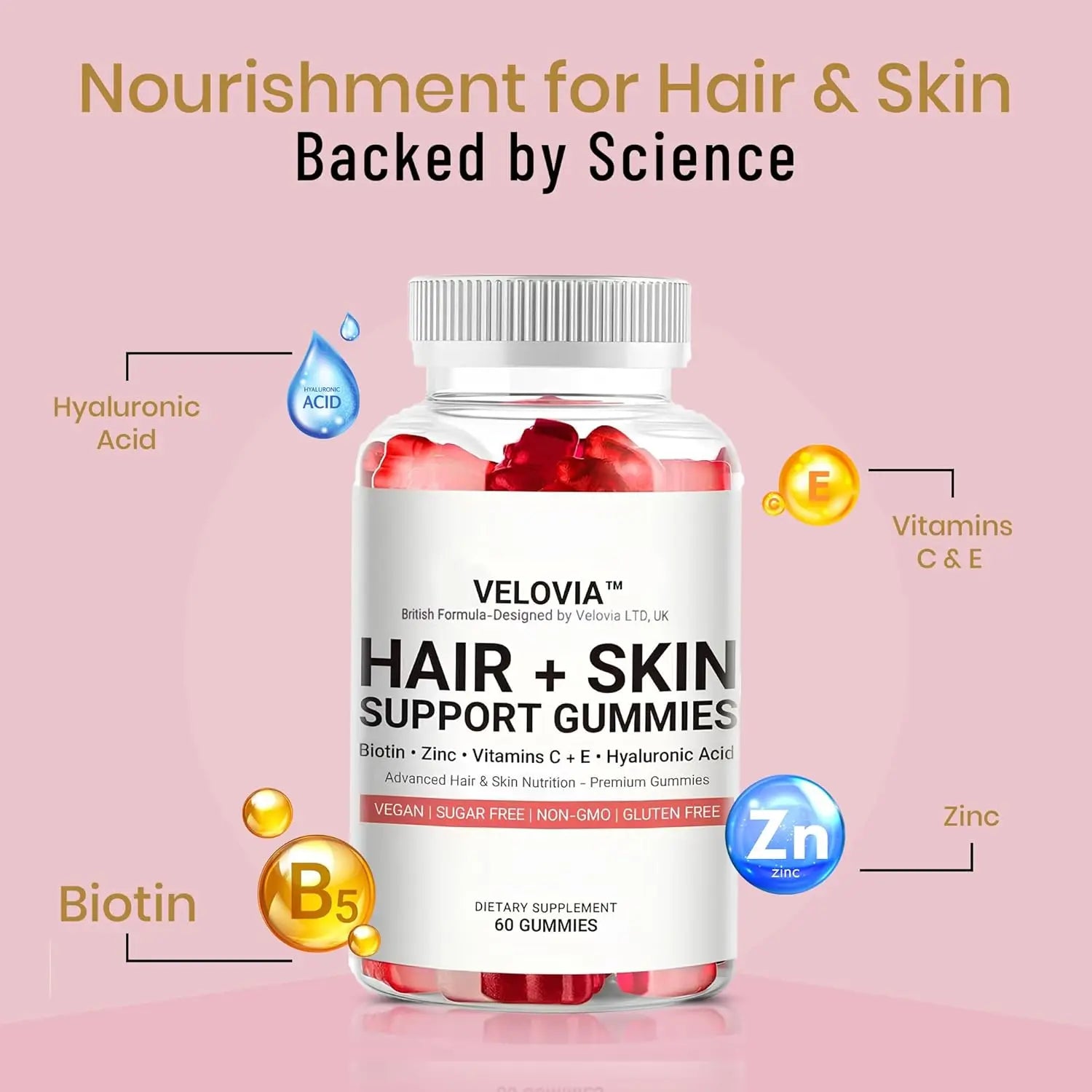 Hair Strength Gummies – Biotin + Zinc + Vitamins C & E – Sugar Free – Supports Stronger, Thicker-Looking Hair – 60 Vegan Gummies (30 Day Supply)