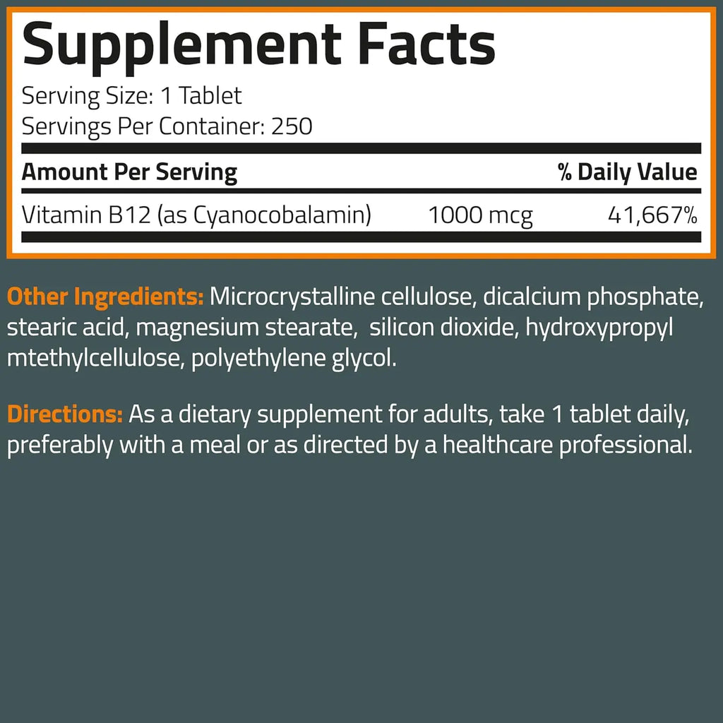 Bronson Vitamin B12 1000mcg Once Daily Formula Non-GMO, 250 Vegetarian Tablets