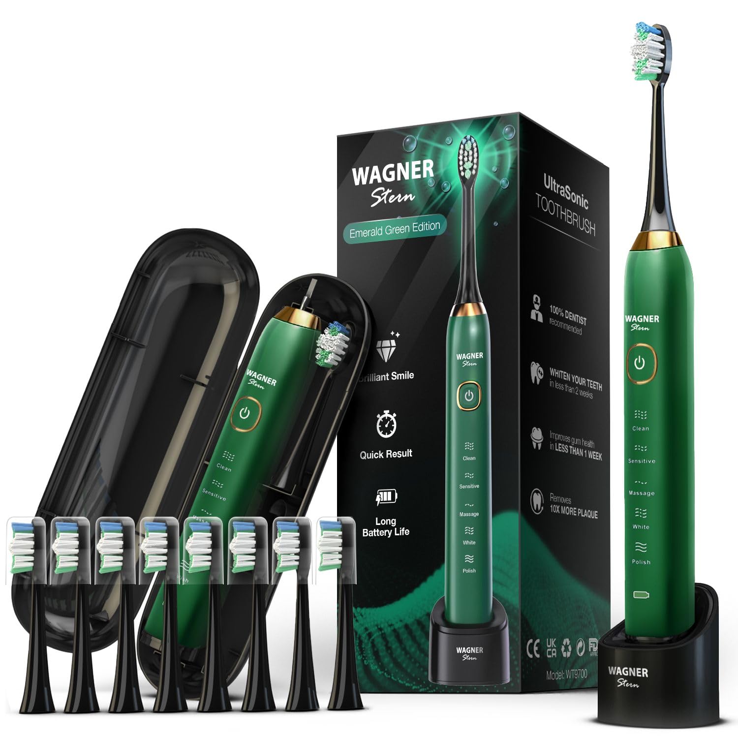Wagner Stern The Ruby Red Edition ultrasonic whitening electric toothbrush features five brushing modes, eight soft brush heads, and a premium travel case.