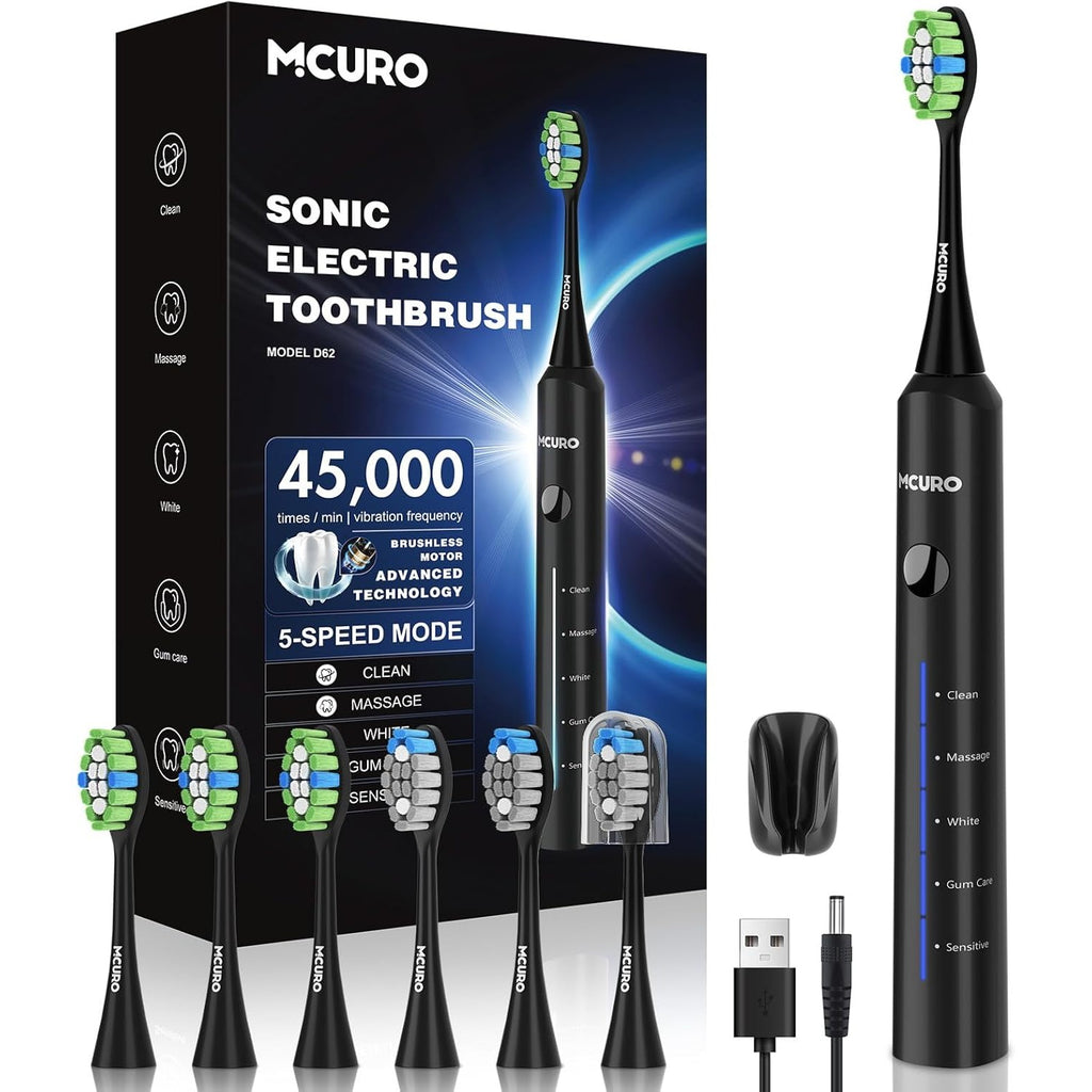 Electric Toothbrush, Sonic Toothbrush, Electric Toothbrush 45000VPM, Whitening Teeth in 1 Week, 120 Days Battery Life, Battery Level Indicator, 6 Dupont Brush Heads, 5 Modes, Timer, Black