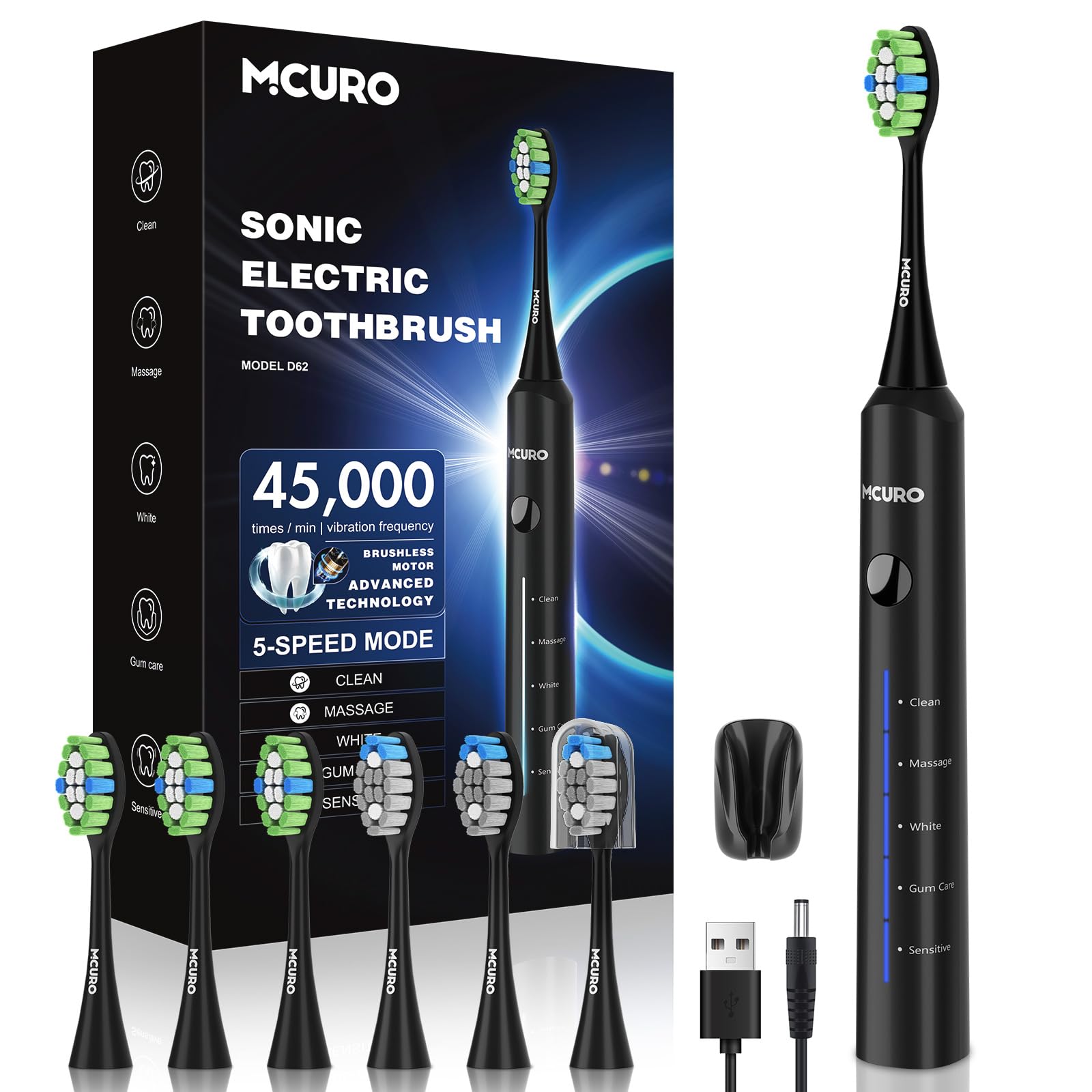 Electric Toothbrush, Sonic Toothbrush, Highly Effective Cleaning, 45000VPM, 6 DuPont Brush Heads, 120 Days Battery Life, Battery Level Indicator, 5 Modes, Timer, IPX7, Hangable, Pink