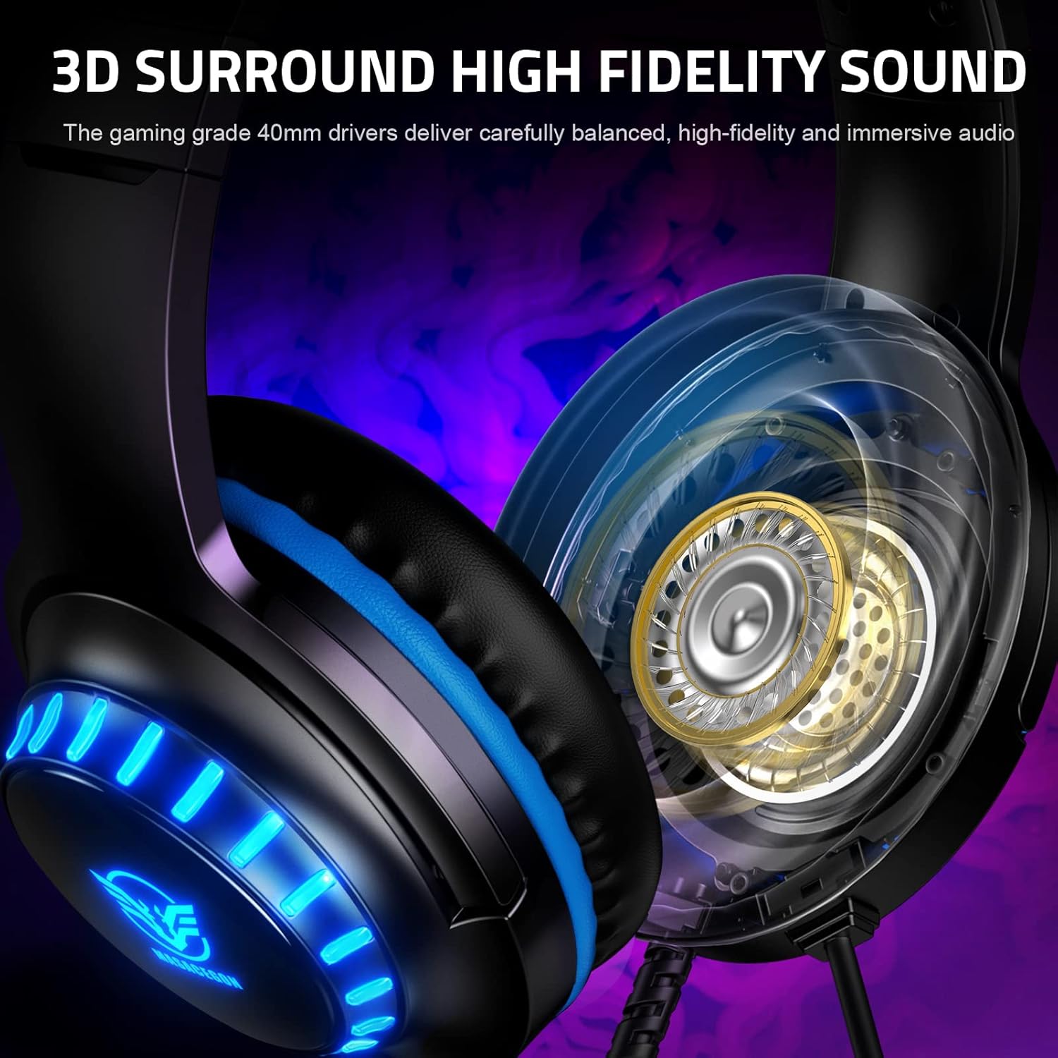 Pacrate Headset for PS4 PC Xbox One S/X Switch Controller & PC Laptop Mac, Noise Cancelling Over-Ear Headphones with Microphone, LED Light (Black, Blue)