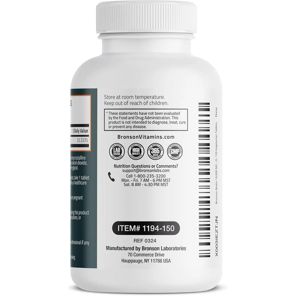 Bronson Biotin 10,000mcg, Supports Healthy Hair, Skin and Nails, Vegetarian, Non-GMO, 150 Tablets