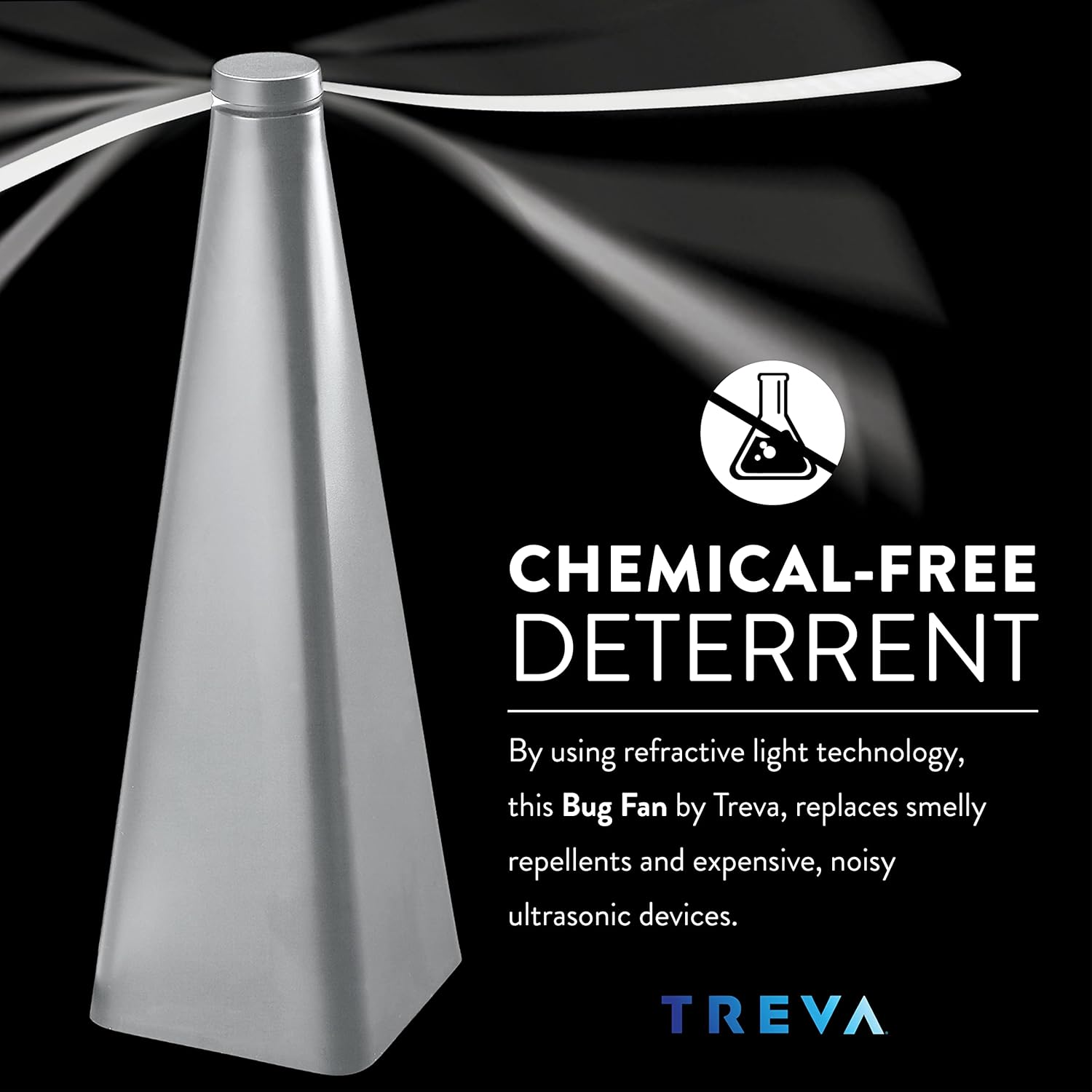 Treva Chemical Free Bug Fan Fly Repellent/Deterrent with Holographic Blades to Clear Bugs, Mosquitoes, and Flies, Battery Powered Fly Fan